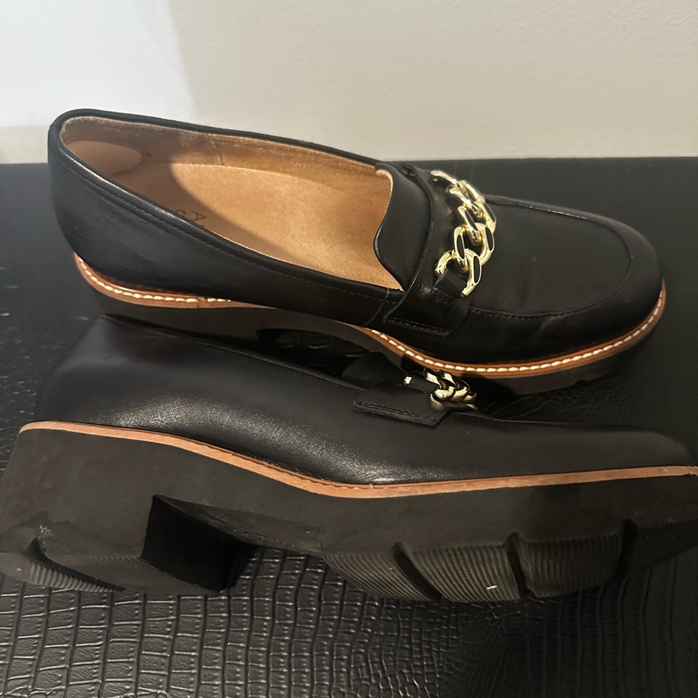 Naturalizer Black Loafers with Gold Chain Detail